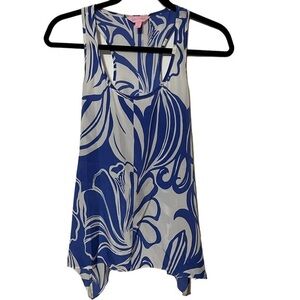 Lilly Pulitzer Blue and White Sleeveless Floral 100% Silk Top Artsy Size Small